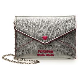 Miu Miu Silver Metallic Goatskin Madras Forever Heart Envelope Chain Wallet Silvery