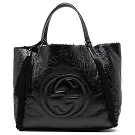 Gucci Black Medium Shearling Trimmed Patent Soho Cellarius Tote Black