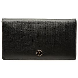 Chanel Black CC Button Calfskin Bifold Long Wallet Black