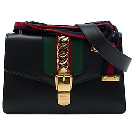 Borsa Satchel Gucci Sylvie Small in pelle di vitello nera con Web Nero