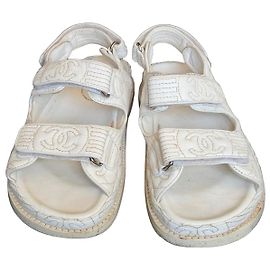 Chanel White Quilted Leather CC Logo Sandals White
