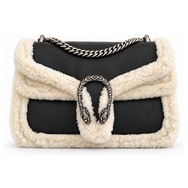 Borsa a tracolla Gucci Dionysus Medium in pelle e shearling Nero Bianco