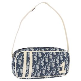 Bolsa de Mão Christian Dior Trotter PVC Couro Azul Branco Auth 201159 Branco Azul