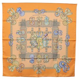 Hermès HERMES Lenço Carré 90 em Seda "LES RUBANS DU CHEVAL" Laranja Auth 199852M Laranja
