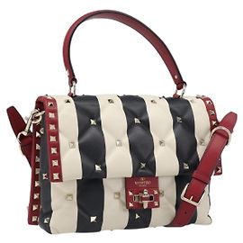 VALENTINO Rock Studs Hand Bag Leather 2way Red Gold Auth 200731V Red Golden