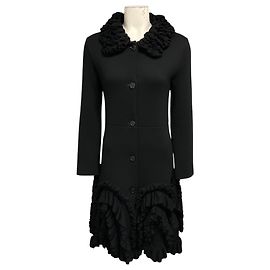 Christian Dior mittellanger schwarzer Wollmantel mit Rüschen und Knopfleiste Schwarz