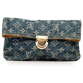 Blue Louis Vuitton Monogram Denim Pochette Plate Clutch Bag Blue