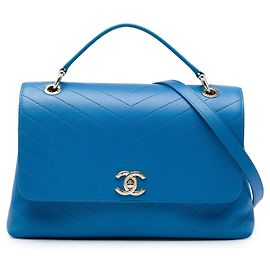 Bolsa Chanel Medium Grained Calfskin Chevron Chic Top Handle Flap Satchel Azul Azul