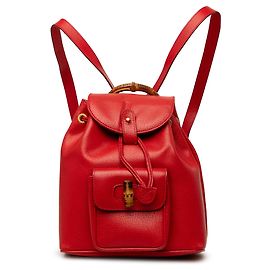 Red Gucci Calfskin Bamboo Drawstring Backpack Red