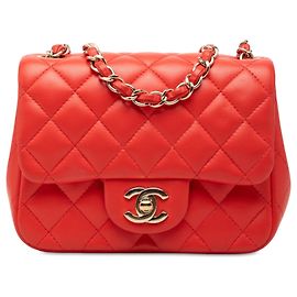 Bolsa Tiracolo Chanel Mini Square Classic em pele de cordeiro laranja com aba simples Laranja