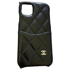 Chanel Quilted Black Leather Phone Case with CC Logo Black
