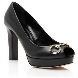Gucci Leather Horsebit Platform Peep Toe Pumps - Size 7.5 / 37.5 Black