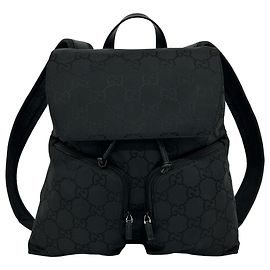 Gucci GG Logo Pattern Nylon and Leather Drawstring Backpack Black