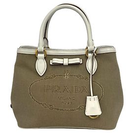 Mini sac cabas Prada en cuir et toile marron et blanc Marron Blanc