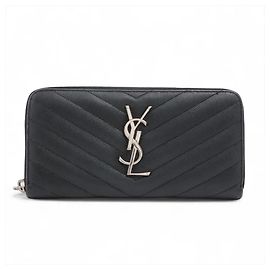 Autre Marque Saint Laurent Paris Cassandra V-Stitch Leather Long Wallet Black