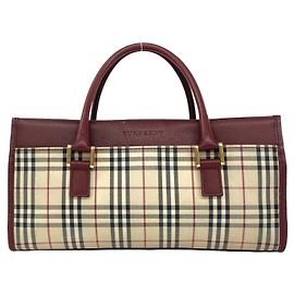 Burberry Nova Check Canvas and Leather Handbag Beige Dark red