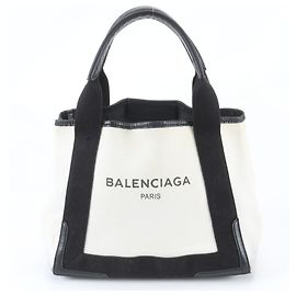 Balenciaga Navy Cabas Leather Canvas Tote Bag Black White