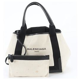 Borsa Tote Cabas Balenciaga in pelle e tela blu navy Nero Bianco Blu navy
