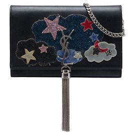 Autre Marque Saint Laurent Carteira de corrente Kate com borla, monograma clássico e aplique Cloud Star em couro de bezerro preto Preto