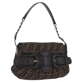 FENDI Zucca Canvas Schultertasche mit Kette Schwarz Braun Auth 201338V Braun Schwarz