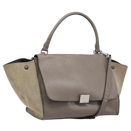 Céline Bolsa de mão CELINE Trapeze em couro camurça 2way Beige Silver Auth hk4044 Prata Bege