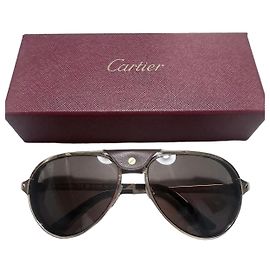 Óculos de sol Cartier Aviator em couro castanho e metal dourado Marrom Metálico