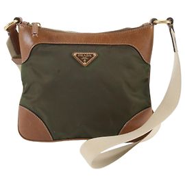 Prada Tessuto Nylon Triangle Logo Leather Shoulder Bag Khaki