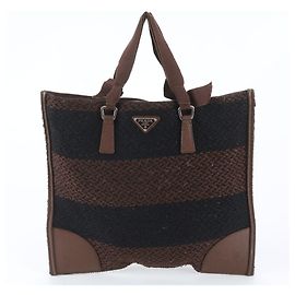 Prada Triangle Logo Leder Tweed Tote Bag Braun Schwarz