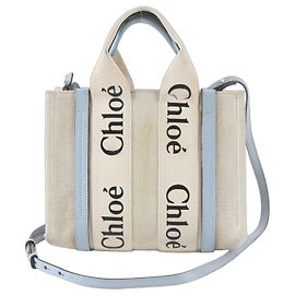 Chloé Woody Small Canvas Leather 2-Way Shoulder Bag Blue Beige