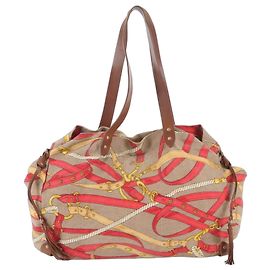 Saco Tote Miu Miu em couro e tela Marrom Vermelho