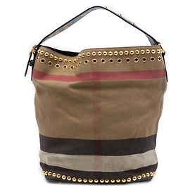 Burberry Brown Medium Mega Check Studded Canvas Ashby Bucket Bag Brown