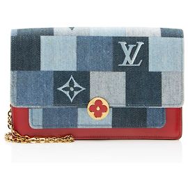 Louis Vuitton Limited Edition Denim Patchwork Flore Chain Wallet Blue