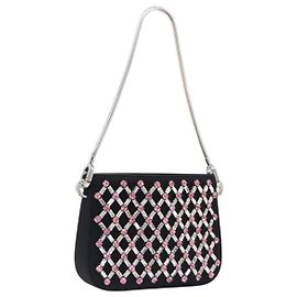 Bolsa de Ombro Miu Miu Sassy Chain Cetim Preto Prata Auth 200582M Preto Prata