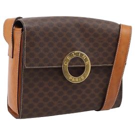 Céline Bolsa de Ombro Circular CELINE Macadam Canvas PVC Couro Marrom Dourado Auth 202926 Marrom Dourado