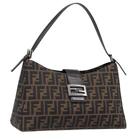 FENDI Zucca Canvas Mamma Baguette Shoulder Bag Brown Black Auth BA15630V Brown Black