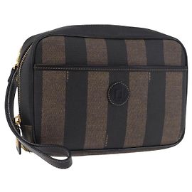FENDI Pecan Clutch Bag PVC Leather Brown Gold Tone Auth 203483V Brown Other