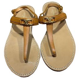 Céline Celine Triomphe Leather Thong Sandals - Tan Brown