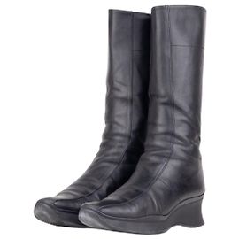 Prada 2000s Knee High Sculptural Platform Wedge Boots Black