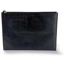 Autre Marque Saint Laurent Classic Monogram Card Holder Crocodile Embossed Leather Black