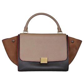 Céline Bolsa Celine Trapeze Tricolor em couro e camurça Marrom Bege Castanho escuro