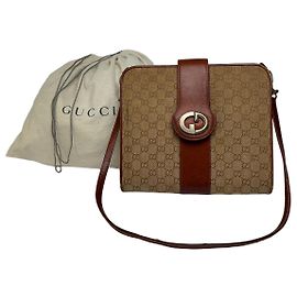 Vintage Gucci GG Monogram Canvas Structured Bag Beige Brown Beige