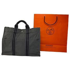 Hermès Vintage Hermes Canvas NetBook Tote Grau Schwarz Grau
