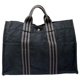 Hermès Bolso Tote Vintage Hermes de lona de algodón Negro Plata Negro