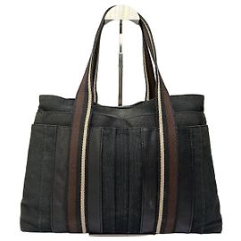 Hermès Vintage Hermes Canvas Leather Trim Tote Black Silver Black