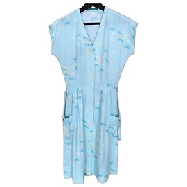 Cacharel Vestido Preppy Fifties de Algodón y Seda Blanco Azul Amarillo Azul claro