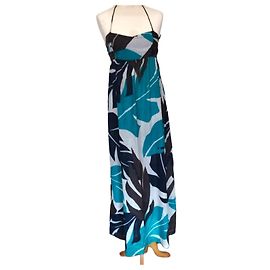 Antik Batik Robe Longue Folk en Cotonnade Marron Blanc Turquoise Bleu foncé
