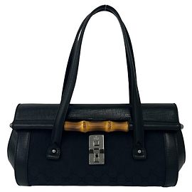Borsa GUCCI Old Bamboo GG Logo in pelle e canvas Nero