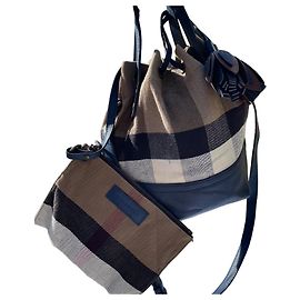 Burberry Borsa a Secchiello in Tela Check e Pelle Blu Navy Blu Beige Marrone scuro