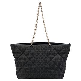 Fendi Black Medium Quilted Zucca Canvas Chain Roll Tote Black