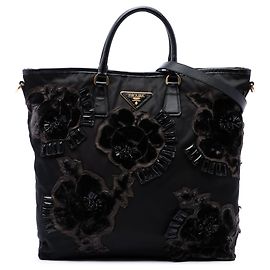 Prada Black Beaded Tessuto Floral Applique Tote Black
